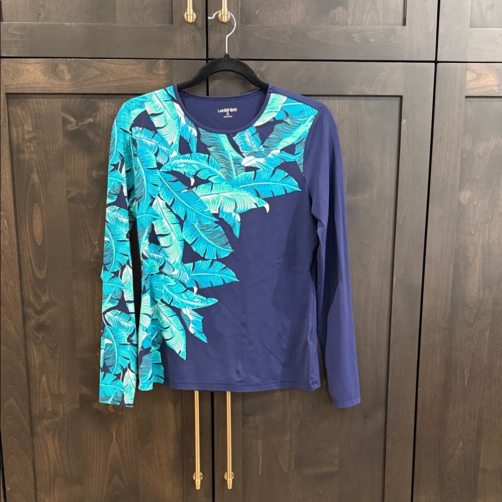 Lands' End Navy and Teal Leaf Pattern Long Sleeve Top